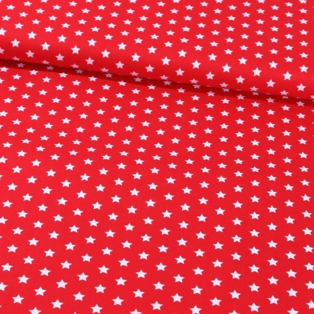 Tissu Coton Imprimé Etoiles 9 mm Blanches sur fond Rouge - Par 10 cm