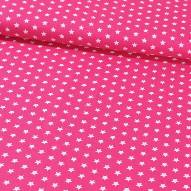 Tissu Coton Imprimé Etoiles 9 mm Blanches sur fond Fushia - Par 10 cm