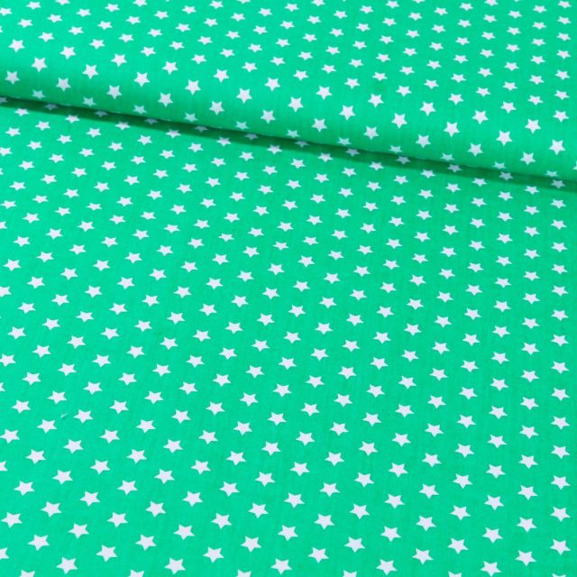Tissu Coton Imprimé Etoiles 9 mm Blanches sur fond Vert - Par 10 cm