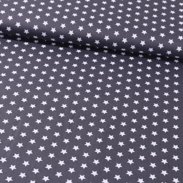 Tissu Coton Imprimé Etoiles 9 mm Blanches sur fond Grios Anthracite - Par 10 cm