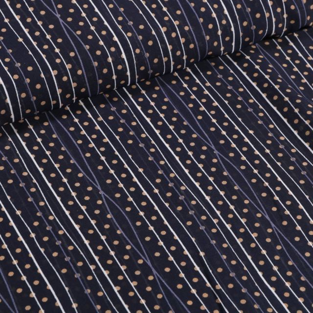 Coupon Tissu Mousseline Rayures et pois beige sur fond Bleu marine - Coupon de 40 cm