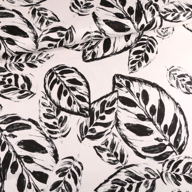 Tissu Coton Satiné extensible Feuilles encre sur fond Blanc - Par 10 cm