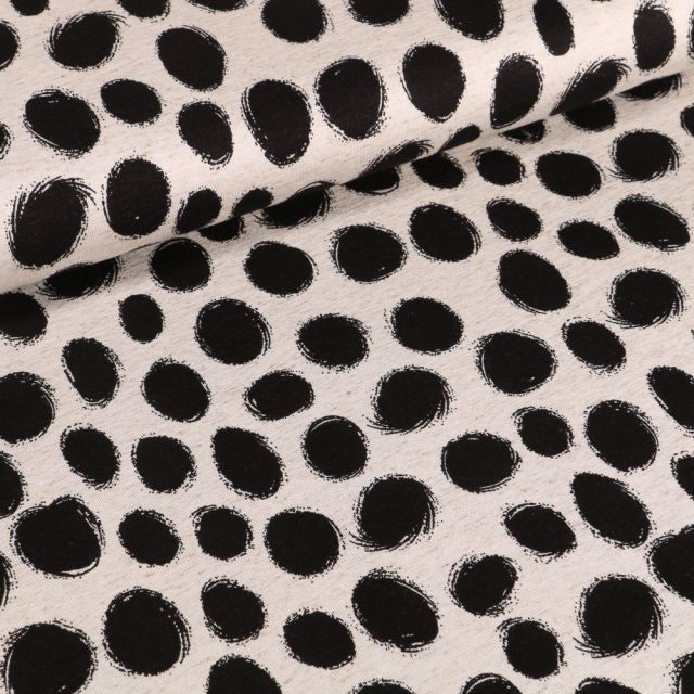 Tissu Jersey Viscose lin Cercles noirs sur fond Blanc cassé - Par 10 cm