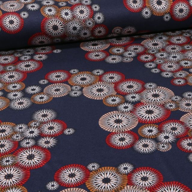 Tissu Jersey Milano Rosaces sur fond Bleu marine - Par 10 cm