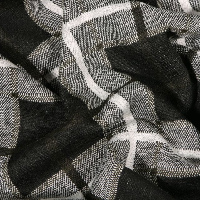 Tissu Maille Jersey  Carreaux et carré sur fond Gris - Par 10 cm