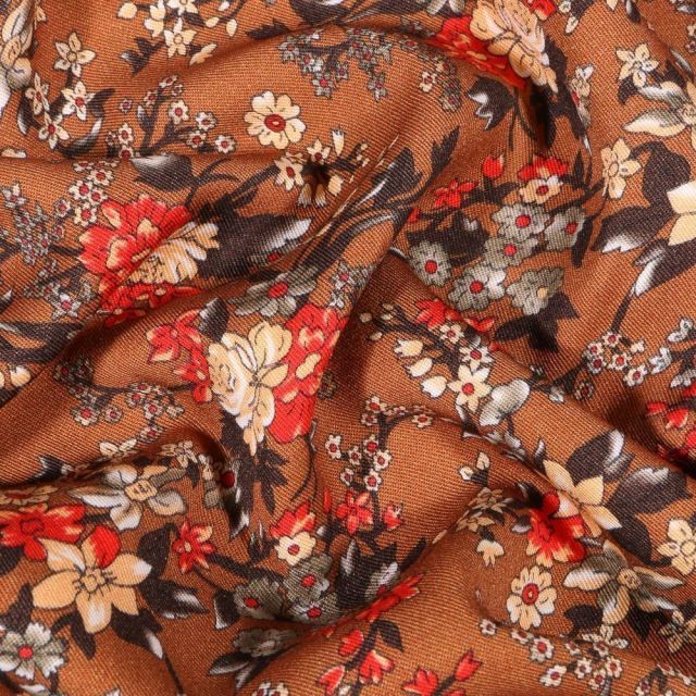 Tissu Viscose Twill Emma Fleuris sur fond Camel - Par 10 cm