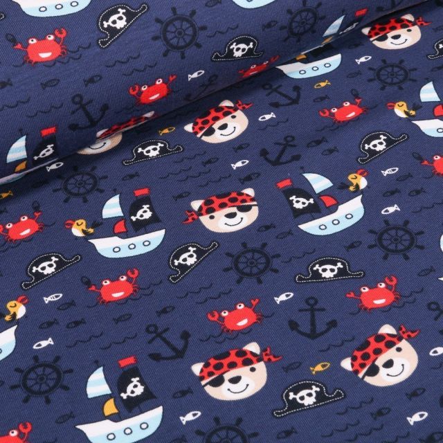 Tissu Jersey Coton Bateaux et oursons pirates sur fond Bleu marine - Par 10 cm