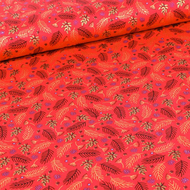 Tissu Coton imprimé Feuilles dorées de noël sur fond Rouge