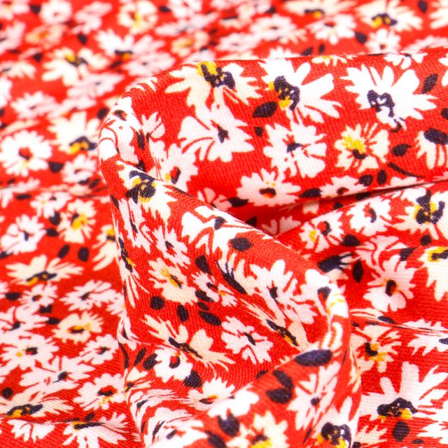 Tissu Jersey Viscose  Fleurs et pâquerettes sur fond Rouge