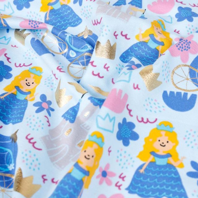 Tissu Jersey Coton Princesses et motifs dorés sur fond Bleu ciel