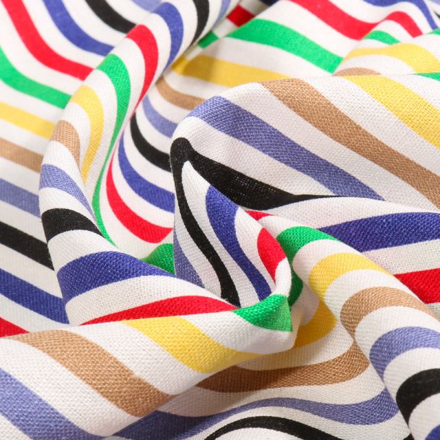 Tissu Lin Viscose Rayures multicolores sur fond Blanc