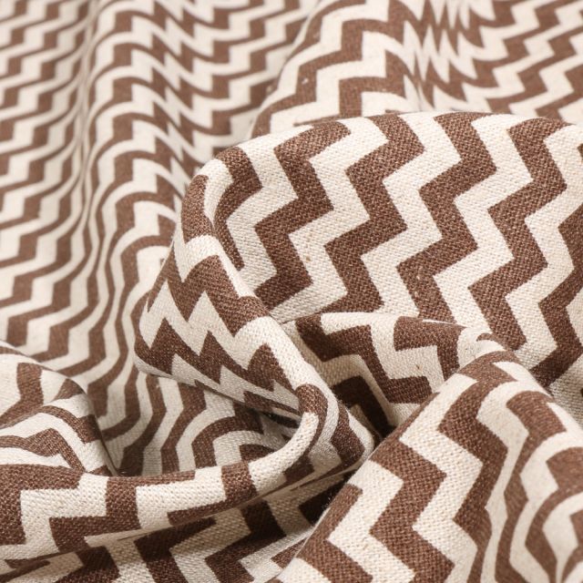 Coupon Tissu Viscose Lin Chevrons marron sur fond Naturel - Coupon de 30 cm