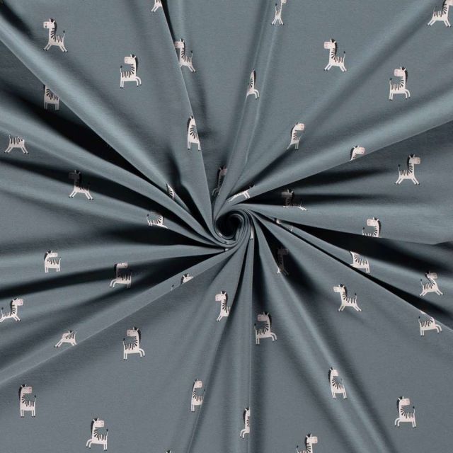 Tissu Jersey Coton imprimé Tom petits zèbres sur fond Gris ardoise