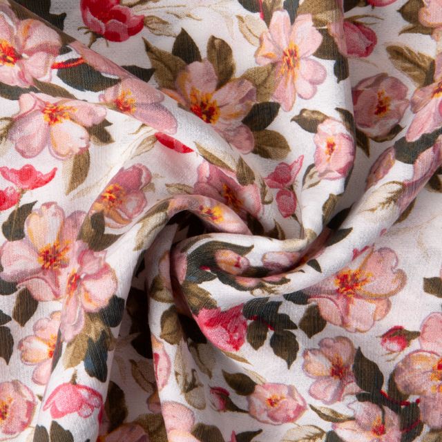 Tissu Crêpe Georgette de Viscose Fleuris sur fond Ecru
