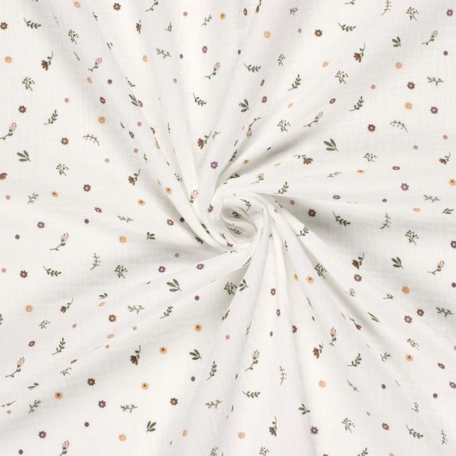 Tissu Double gaze de Coton LittleBird Fleuris sur fond Ecru - Coupon de 30 cm