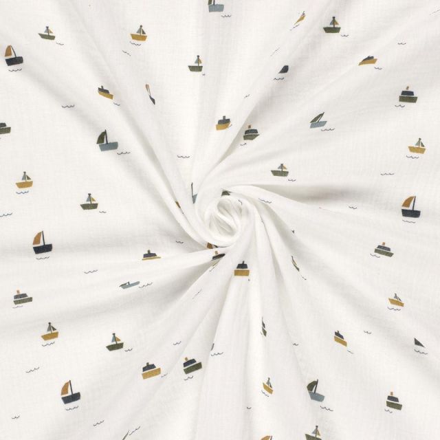 Tissu Double gaze de Coton LittleBird Petits bateaux sur fond Ecru