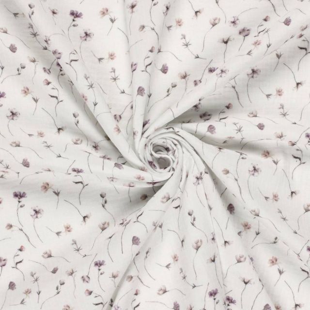 Tissu Double gaze de Coton Fleuris pastel sur fond Ecru