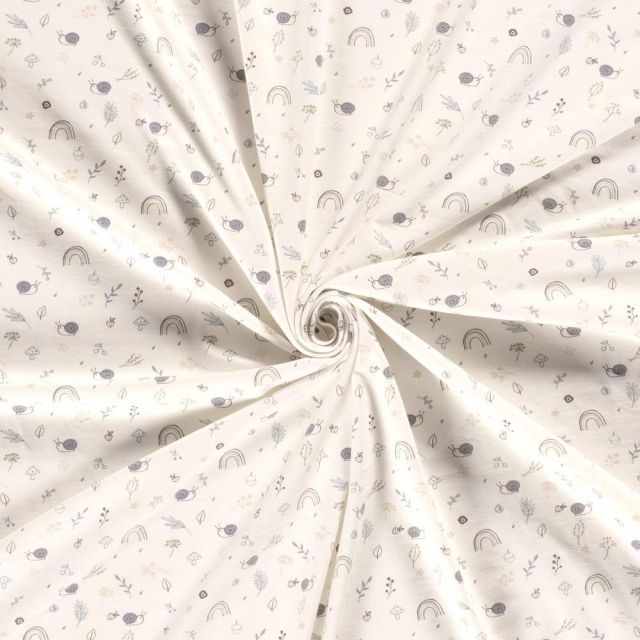 Tissu Jersey Coton imprimé Elio petits escargots sur fond Ecru