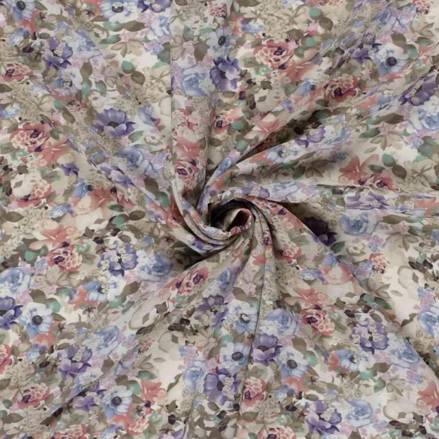 Tissu Polyester aspect Lin Fleuris Cécilya sur fond Beige