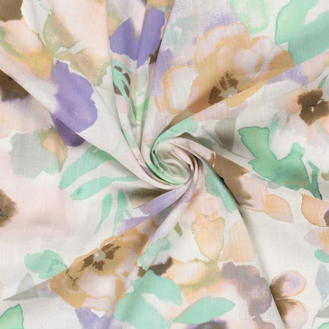 Tissu Coton Viscose aspect Lin Fleuris Bénedicte sur fond Blanc