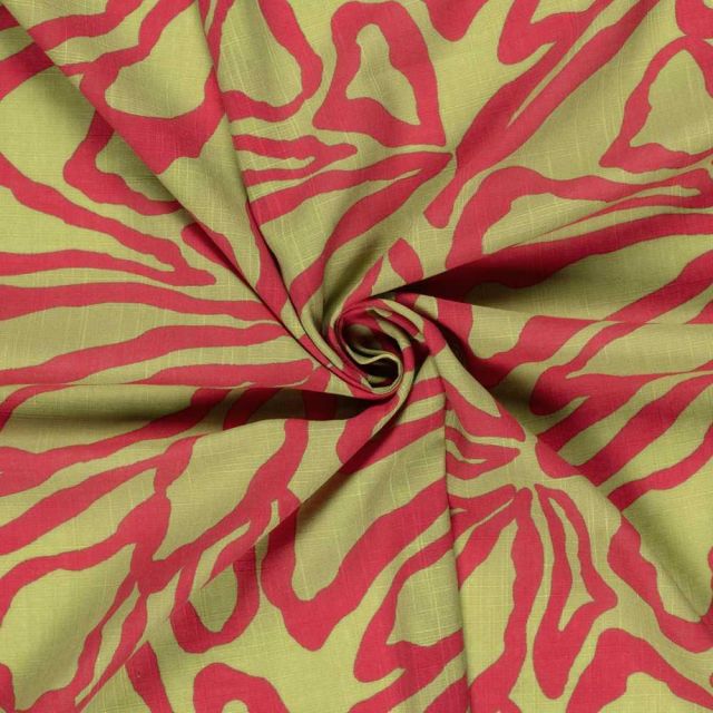 Tissu Coton Viscose aspect Lin Big Flowers rose fuschia sur fond Vert anis