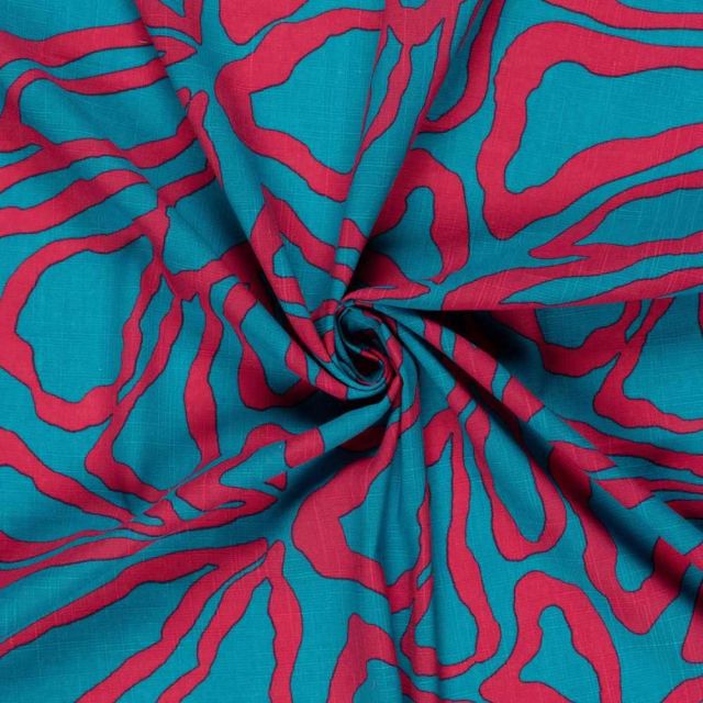 Tissu Coton Viscose aspect Lin Big Flowers rose fuschia sur fond Bleu turquoise