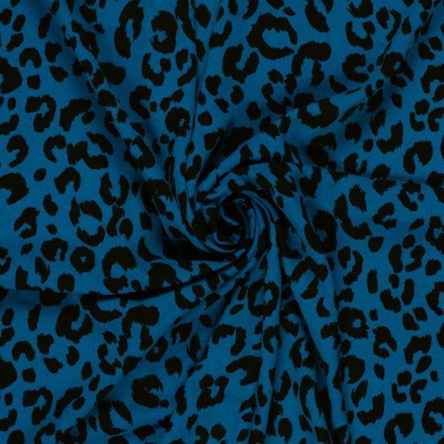 Coupon Tissu Twill extensible imprimé Léopard sur fond Bleu indigo - Coupon de 140 cm
