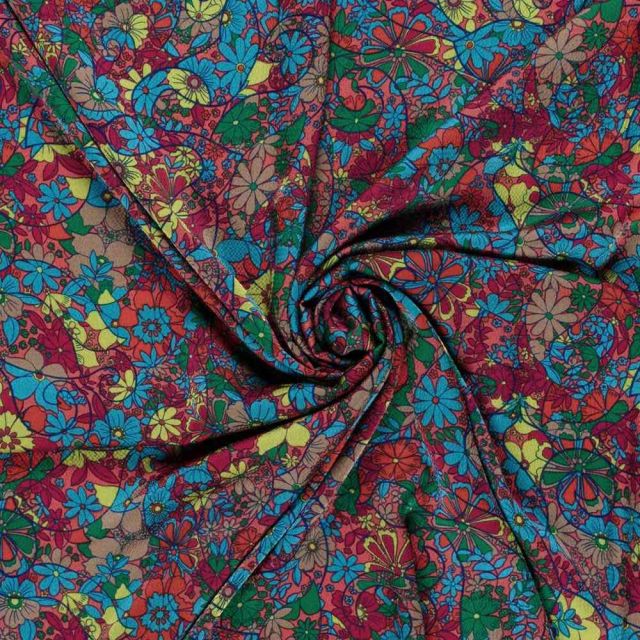 Tissu Polyester Bubble bleu sur fond Bordeaux