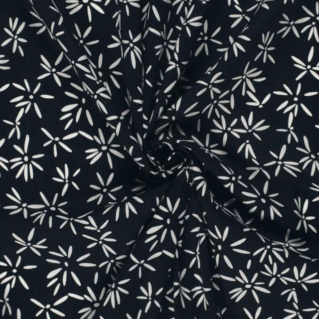 Tissu Coton extensible Pissenlit mode sur fond Bleu marine