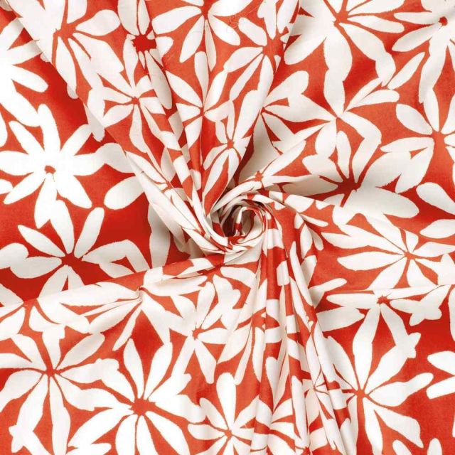 Tissu Coton extensible Florélys blanc sur fond Rouge
