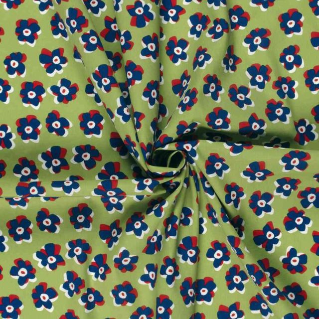 Tissu Coton extensible Fleuréa marine sur fond Vert