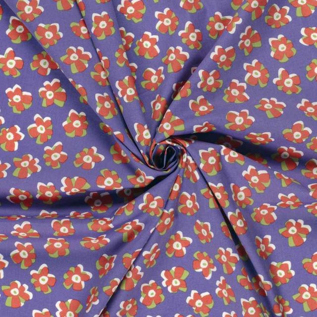 Tissu Coton extensible Fleuréa orange sur fond Violet