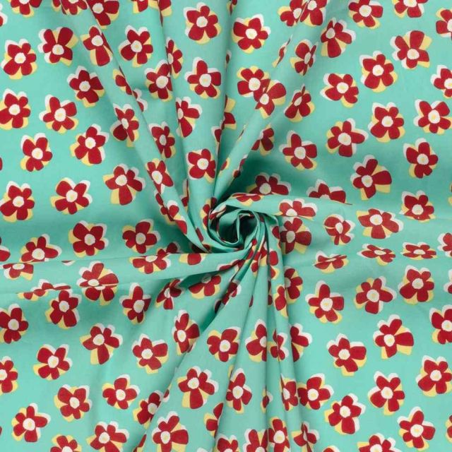 Tissu Coton extensible Fleuréa rouge sur fond Vert menthe