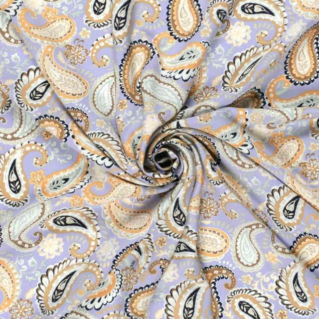 Tissu Popeline de Bambou Paisley pastel sur fond Bleu lilas