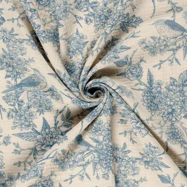 Tissu Double gaze de Coton Esprit Jouy cobalt sur fond Naturel
