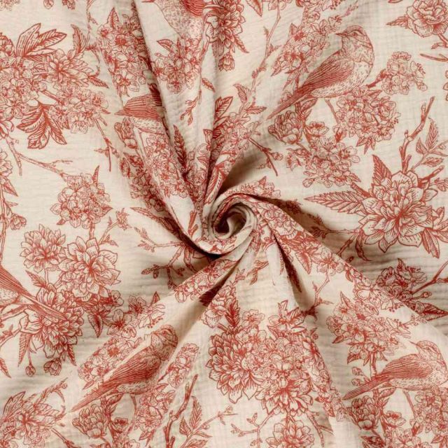 Tissu Double gaze de Coton Esprit Jouy rouge sur fond Naturel