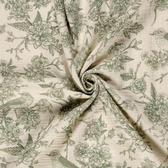 Tissu Double gaze de Coton Esprit Jouy vert sur fond Naturel