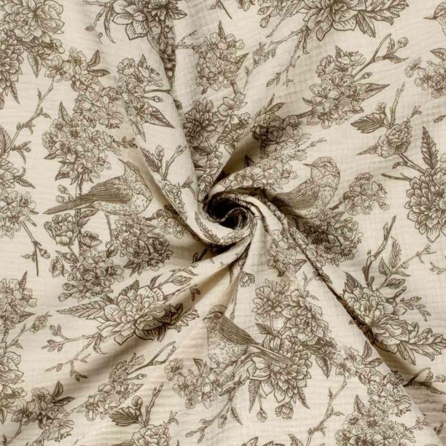 Coupon Tissu Double gaze de Coton Esprit Jouy marron sur fond Naturel - Coupon de 30 cm