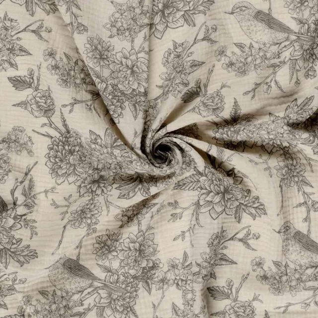Tissu Double gaze de Coton Esprit Jouy gris sur fond Naturel