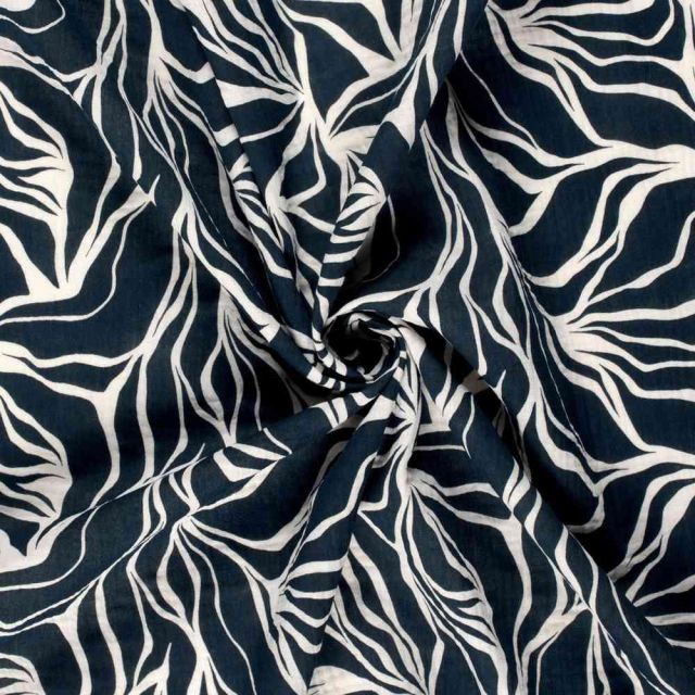 Tissu Double gaze de Coton Grandes feuilles blanches sur fond Bleu marine