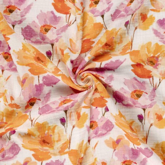 Tissu Double gaze de Coton digital Coquelicots Orange rose sur fond Blanc