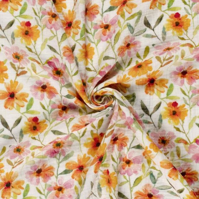 Tissu Double gaze de Coton digital Fleurs Champêtres rose orangé sur fond Blanc