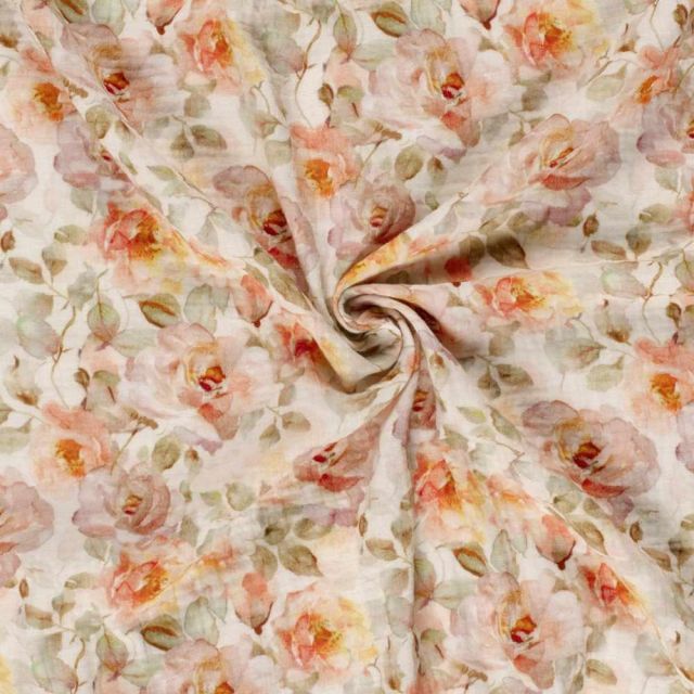 Tissu Double gaze de Coton digital Petalyae sur fond Ecru