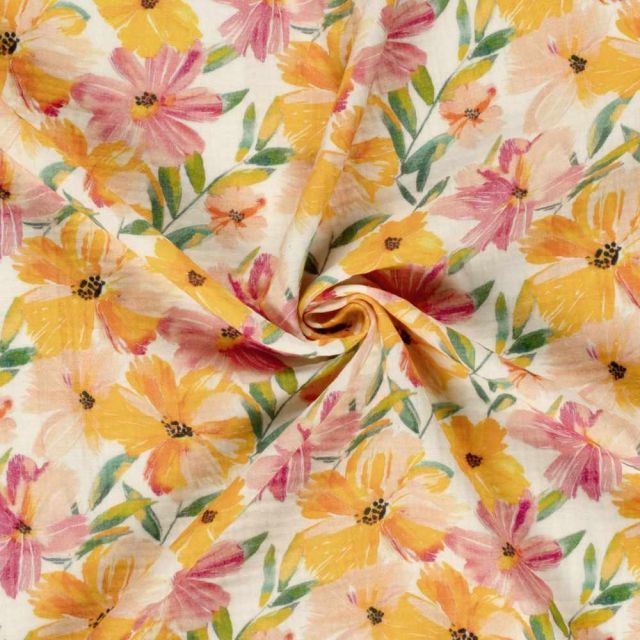 Tissu Double gaze de Coton digital Veloria jaune et rose sur fond Ecru