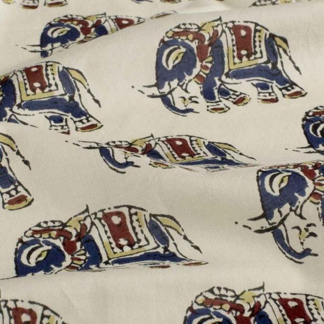 Tissu Voile de Coton Jaipur éléphants Bleus sur fond Beige
