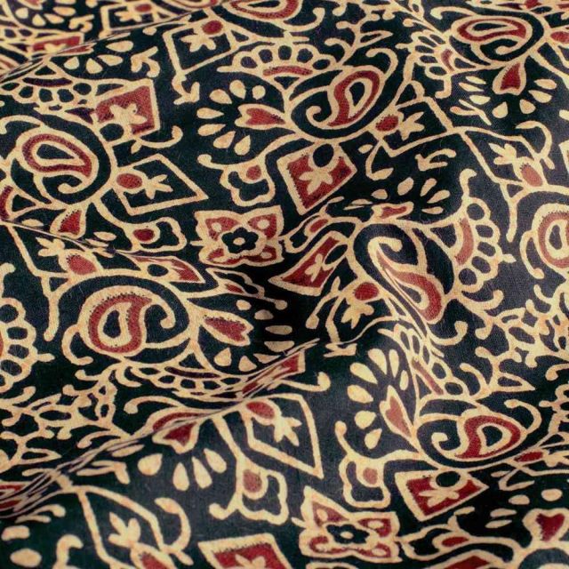 Tissu Voile de Coton Ayesha arabesques Beiges sur fond Noir profond