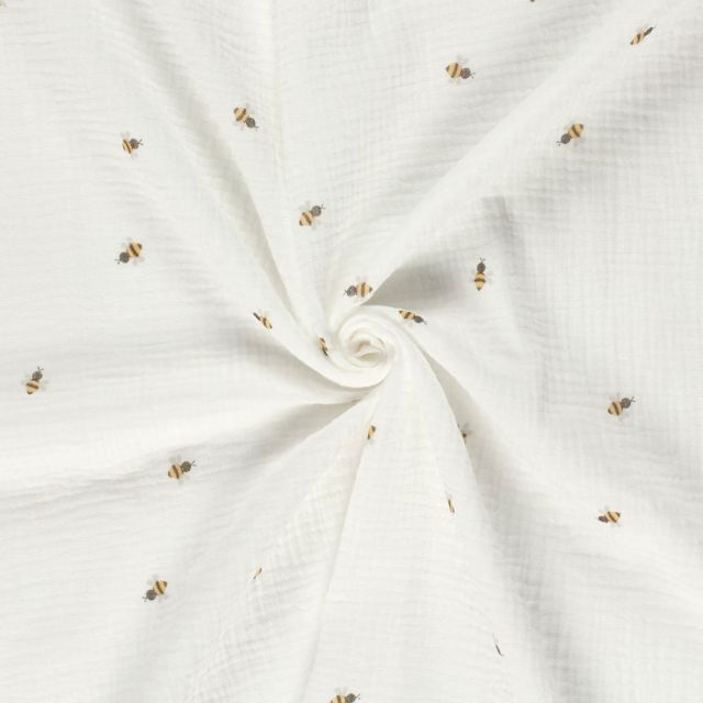 Tissu Double gaze de Coton Abeilles brodées sur fond Ecru