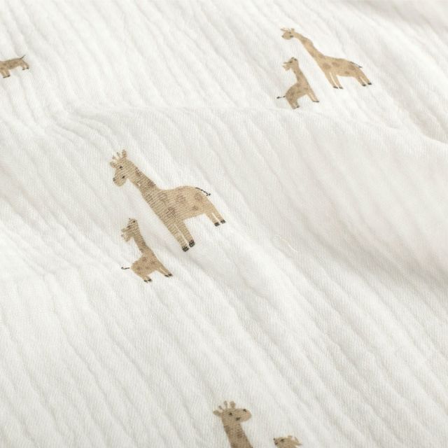 Coupon Tissu Double gaze de Coton Girafe beige sur fond Blanc cassé - Coupon de 90 cm