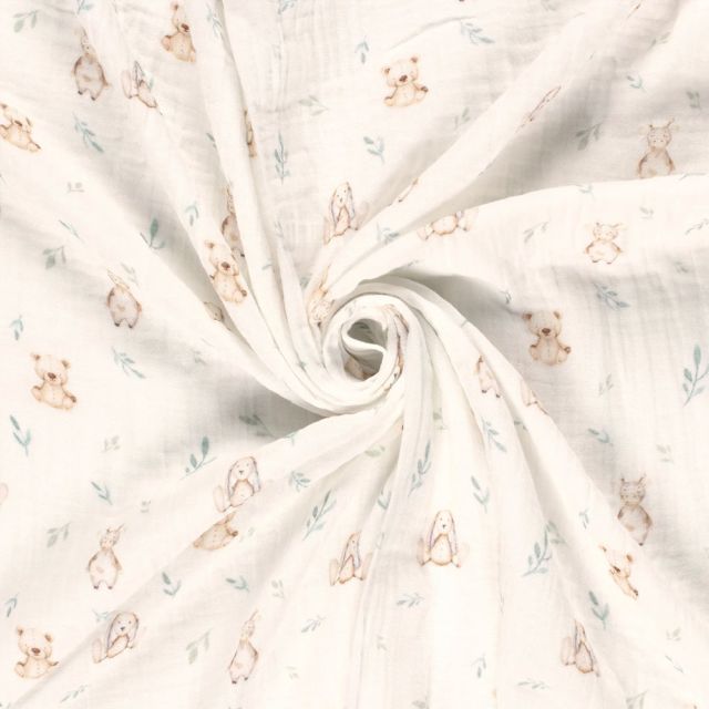 Tissu Double gaze  Oursons et lapins peluche sur fond Ecru