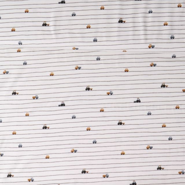 Tissu Jersey stretch camions Marceau sur fond Blanc